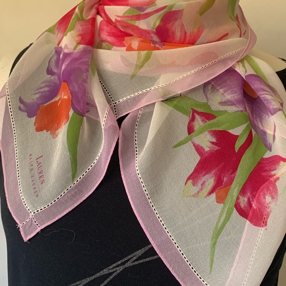 Ralph Lauren Silk Scarf Chiffon Soft Delicate Floral Embroidered 32" Vintage - Picture 9 of 12